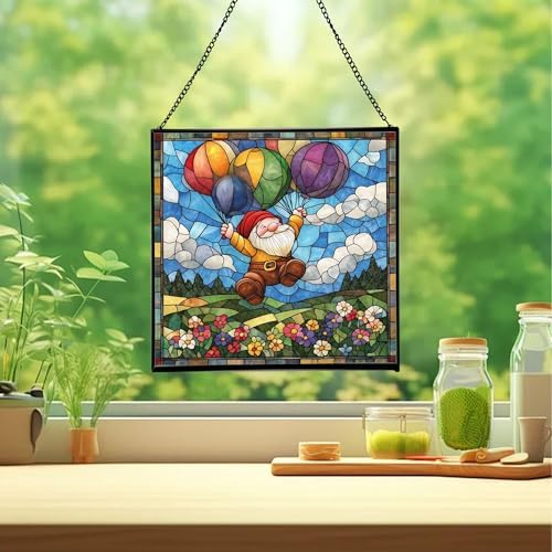 Balloon Flight Gnome Stained Glass Suncatcher – Square Hanging Window Panel for Home or Greenhouse – Whimsical Glass Art Gift for Garden Lovers, Christmas, Halloween, Father Days NzyS2A - Image 2