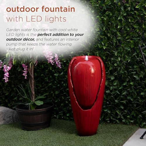 Alpine Corporation DIG100XS-RD | 33"H Outdoor Vintage Cascading Antique Jar Water Fountain with LED Lights — Garden, Patio & Yard Décor — Red Finish - Image 4