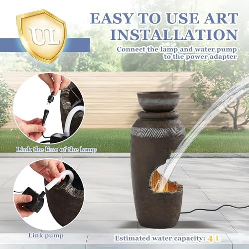 Grepatio Outdoor Urn Water Fountain, 30" H Water Feature Fountain with LED Lights, Large Indoor Waterfall Cascading Fountain with Cracked Urn Look for Garden Patio Backyard Home Decor - Image 5