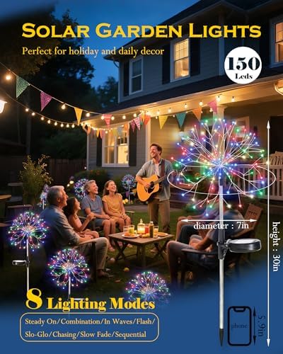 Solar Garden Lights Outdoor Yard Decorations, 8 Pack 150Leds Pathway Lights, Fairy Firework Stake Light for Garden, Patio, Pathway, Flowerbed Multicolor - Image 2