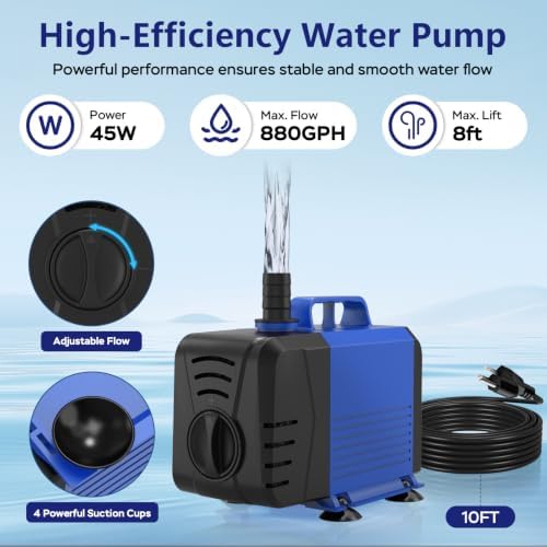 Pond Fountain Pump Kit, 880GPH Submersible Water Pump with Remote Control LED Lights, 3 Spray Patterns, Adjustable Flow, Quiet Operation, for Pond, Garden, Backyard Water Feature - Image 6