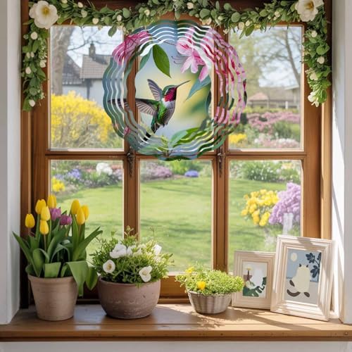Wind Spinners for Yard Garden, Spring Hummingbird Flower Leaf 3D Stainless Steel Round Hanging Spinners Indoor Outdoor Kinetic Yard Art,12 Inch, Pastoral Pink Floral Bird - Image 4