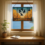 Crows Flying Over Autumn Orchard Rectangular Stained Glass Suncatcher – Hanging Window Panel with Animal & Nature Scene – Vibrant Glass Art Gift for Wildlife, Fantasy, Nature Lovers 90NTOm - Image 6