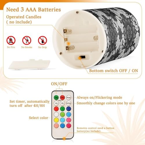 Vintage Black Lace with Flowers Flameless Candles with Remote Control Candles with Timer Waterproof Electronic Lights Glitter Led for Night Battery Operated Pillar 2-Piecing Set - Image 4