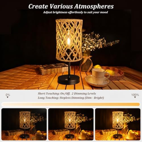 Rechargeable Outdoor Patio Table Lamps, Set of 2 Cordless Battery Operated Portable Boho Rattan Table Lights, for Covered Porch Balcony Garden Decor (Beige) - Image 4