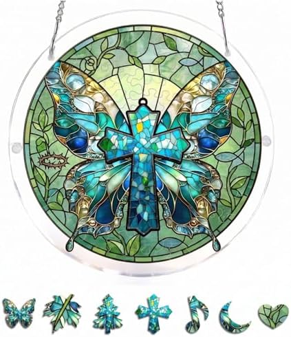 Jesus Cross Puzzle Acrylic Suncatcher Size 14 inches, Butterfly Garden Floral Sun Catchers, Christianity Window Hanging Ornaments, Memorial Gift, Stained Glass Effect Decor by GIKZO