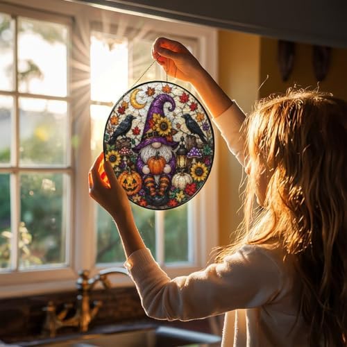 Stained Glass Crow Pumpkin Gnome Suncatcher, Maple Crescent Moon Sunflower Round Panel, Autumn Halloween Spooky Window Hanging Decor - Image 3
