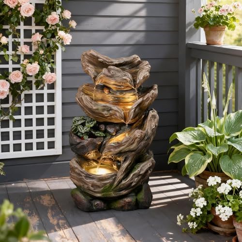 25.2" H 4-Tier Outdoor Water Fountain with LED Lights and Planter Pot, Cascading Wood-Look & Moss Waterfall Floor Fountain for Garden, Patio, Yard, Porch, Deck, Outdoor & Indoor Decor by KAISOKUFOUNTAIN