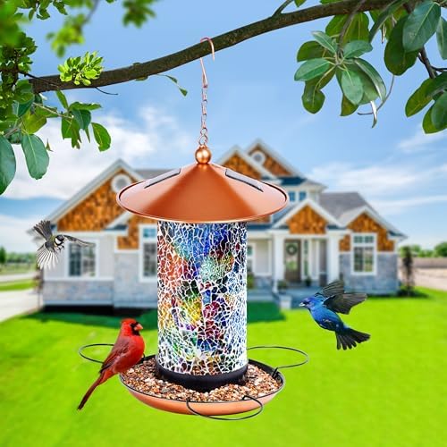 XDW-GIFTS Mosaic Solar Wild Bird Feeder, Waterproof Lantern Shape with S-Hook & 4 LED Lights, Garden Decor for Lawn, Patio, Balcony, Yard Ornament - Unique Gifts for Mom, Women, Grandma, Bird Lovers - Image 6