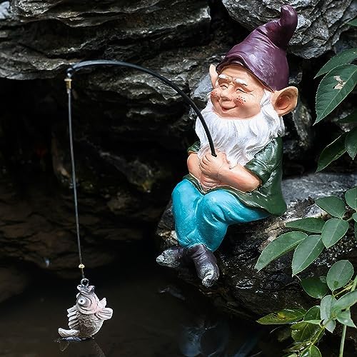 Garden Gnome Fishing Statue, 9.7" Koi Pond Decor with Glow in Dark Pebbles, Great Gift for Mom - Image 2