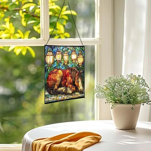 Bay Miniature Horse Curled Near Garden Lanterns Square Suncatcher – Stained Glass Style Window Panel with Pastoral Scene, Custom Decorative Hanging Art for Equestrian Home, Christmas rAWSQA - Image 3