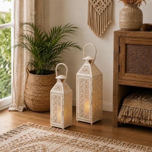 JHY DESIGN Set of 2 Decorative Candle Lanterns 19"&14" H, Vintage White Gold Metal Lantern with Hollow Pattern, Indoor Outdoor Lantern Candle Holders for Porch, Patio, Wedding, Table Centerpiece - Image 2