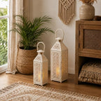 JHY DESIGN Set of 2 Decorative Candle Lanterns 19"&14" H, Vintage White Gold Metal Lantern with Hollow Pattern, Indoor Outdoor Lantern Candle Holders for Porch, Patio, Wedding, Table Centerpiece - Image 2