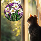 Stained Glass Window Hanging 4 Pcs Set Tulips Plum Flower Daffodils Hyacinths 9.8" - Suncatcher Door Garden Sun Catcher Decor Birthday Mother's Day for Mom Woman Nana - Image 4