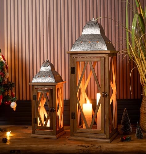 Large Farmhouse Wooden Metal Lantern Set of 2, Rustic Decorative Floor Candle Lanterns, Indoor/Outdoor Hanging Lanterns for Home Decor (No Glass) by Venalys