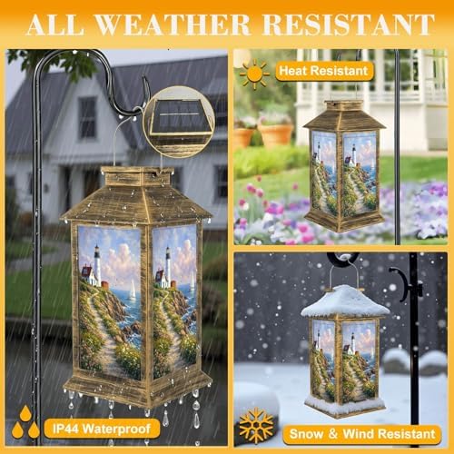 Solar Lantern Outdoor Waterproof Portland Head Lighthouse Scene Grassy Ocean Side Peninsula Sail Boat Garden Decor LED Solar Lights Hanging/Tabletop Lamp Gifts for Women Mom for Outside Yard Patio - Image 3