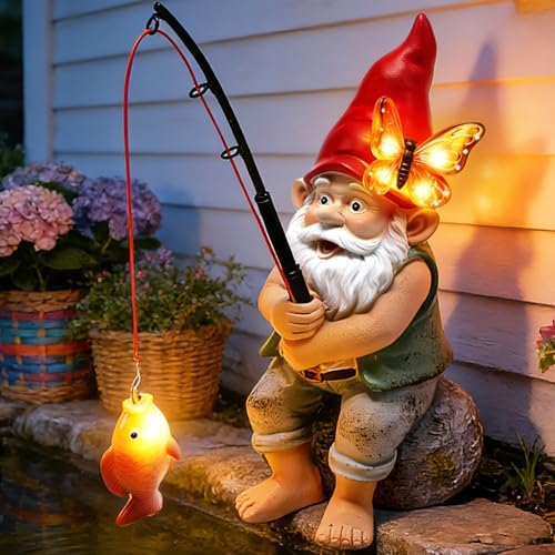 Solar Garden Gnome Statues, Outdoor Fishing Gnome with Butterfly Solar Lights Waterproof, Birthday Gifts for Mom Women Mother's Day, Garden Figurines for Yard Decor Patio Porch Lawn Ornaments by stadeco