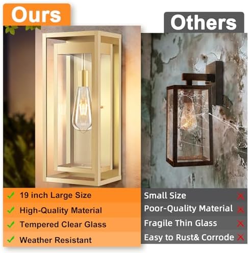19 Inch Gold Outdoor Wall Light Fixtures, 2 Pack Porch Lights - Image 6