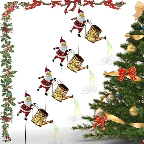 Christmas Solar Kettle Lights Garden Lawn Decorative Lights, Waterproof Hanging Christmas Santa Solar Kettle Light, Watering Can with Cascading Lamp, Stake for Garden Decor (Rainbow Light, 4 Pcs) by Unknown