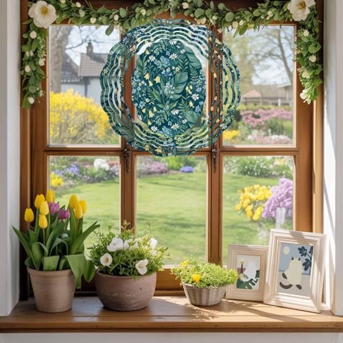 Dark Green Flower Wind Spinner for Garden Yard 12In, Spring Blue Yellow Floral Country 3D Stainless Steel Kinetic Hanging Wind Spinners Rustproof Outdoor Decor for Lawn Patio Home - Image 2