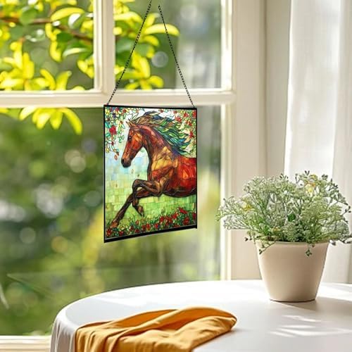 Brown Dutch Warmblood Horse Galloping Along Wild Hedgerow Square Suncatcher – Stained Glass Style Window Panel with Pastoral Scene, Custom Decorative Hanging Art for Equestrian Home, Christmas S5G14f - Image 3