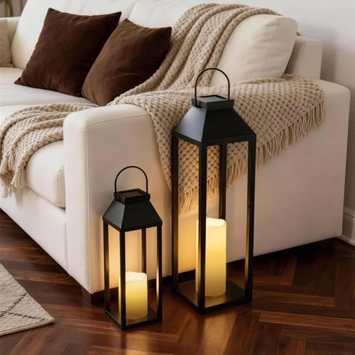 Large Outdoor Solar Lanterns Waterproof, Tall Farmhouse Black Metal Decorative Lanterns Solar Lights Outdoor for Front Porch Decor Outdoor Patio, Garden, Balcony, Porch, 27.6",16.3"-Set of 2 - Image 6