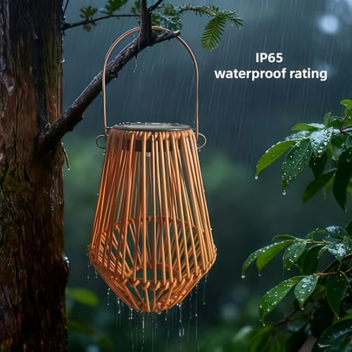 Solar Garden Lantern, Woven Rattan Wicker Outdoor Hanging Light, Chinese Retro Style Decorative Lantern for Balcony, Solar Powered Night Light (Beige (5.3in * 5.3in * 10.2in)) - Image 4