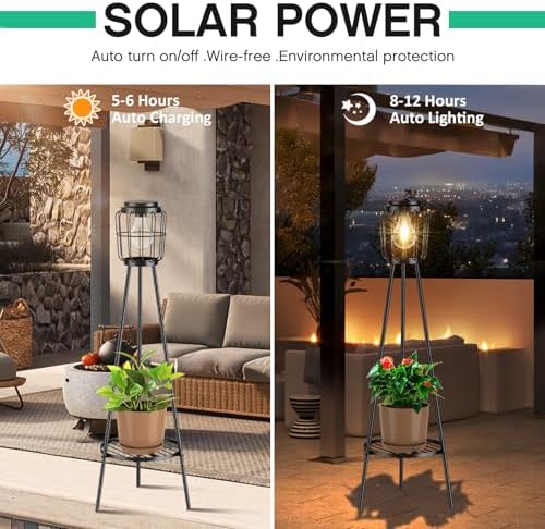 MXwcy Solar Lights Outdoor with LED Edison Bulbs, Solar Floor Lamp with Plant Stands for Garden Yard Pathway Driveway Front/Back Porch Decoration - Image 3