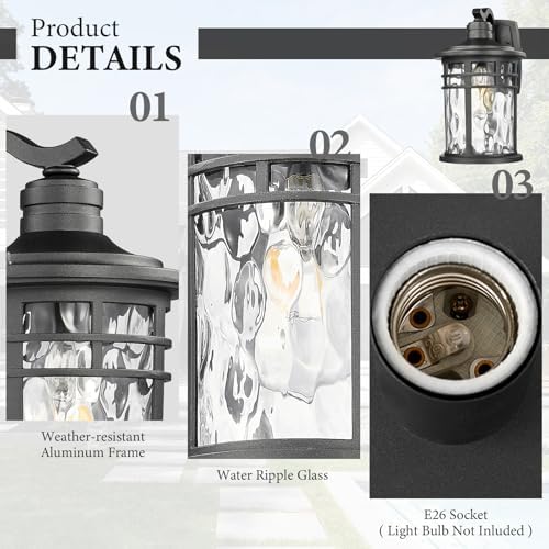 Darkaway 2pcs Large Outdoor Porch Lights Wall Mount, 15inch Outside Light Fixtures Sconces Wall Lighting with Water Ripple Glass Waterproof Exterior Lights for Patio Yard Garage - Image 4