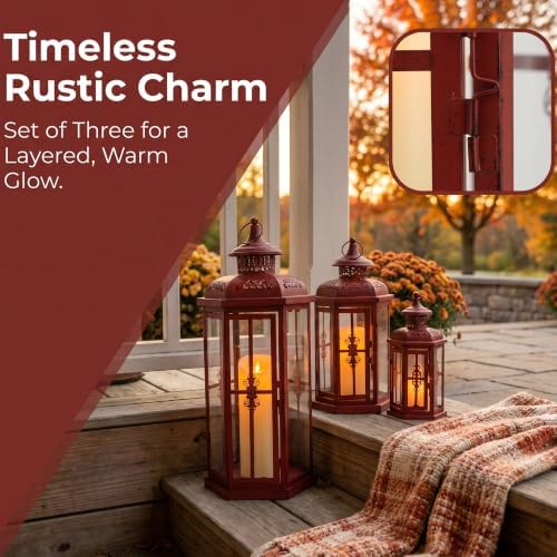 JHY DESIGN Set of 3 Decorative Candle Lanterns 20"&14"&10" H Outdoor Candle Lanterns Vintage Metal Candle Holders for Indoor, Outdoor, Parities, Garden, Porch(Red with Black Brush) - Image 6