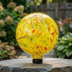 Glass Outdoor Gazing Globe, 10" Hand Blown Yellow Swirl Gazing Ball by Topadorn