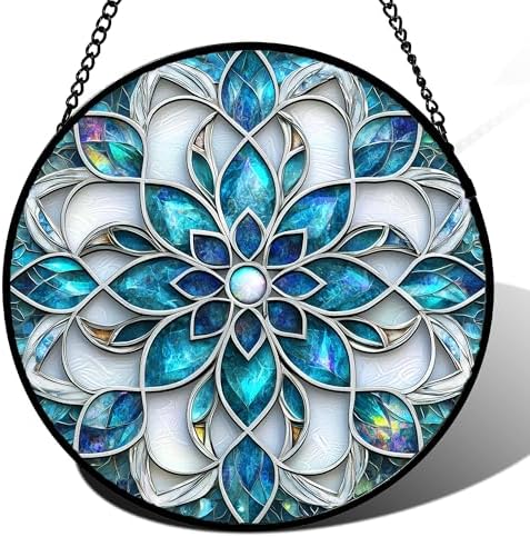 Stained Glass Window Hanging - Blue White Abstract Flowers Suncatcher for Door Terrace Garden Home Decor Boho Sun Catcher Birthday Gifts for Lovers Women Men Dad Mom Nana 11.8 in by JOSUMALY