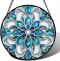 Stained Glass Window Hanging - Blue White Abstract Flowers Suncatcher for Door Terrace Garden Home Decor Boho Sun Catcher Birthday Gifts for Lovers Women Men Dad Mom Nana 9.8 in by JOSUMALY