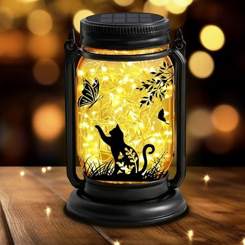 YJFWAL Solar Cat & Butterfly Lanterns Outdoor Waterproof - Cat Lover Gifts for Women Mom Grandmom Birthday Mothers Day, LED Hanging Mason Jar Fairy Lights for Garden Yard Patio Decor by YJFWAL