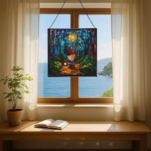 Starglow Gnome Trail Stained Glass Suncatcher – Square Hanging Window Panel for Home or Greenhouse – Whimsical Glass Art Gift for Garden Lovers, Christmas, Halloween, Father Days a6IQYm - Image 6