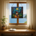 Starglow Gnome Trail Stained Glass Suncatcher – Square Hanging Window Panel for Home or Greenhouse – Whimsical Glass Art Gift for Garden Lovers, Christmas, Halloween, Father Days a6IQYm - Image 6