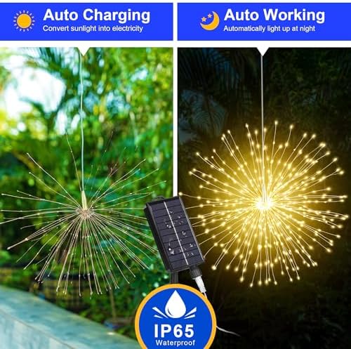 Solar Christmas Firework Lights Outdoor, 5 Pack 1000LED Solar Starburst Lights with Remote, 8 Modes Dimmable Waterproof Hanging Fairy Lights for Garden, Patio, Holiday Christmas Decor (Warm White) - Image 5
