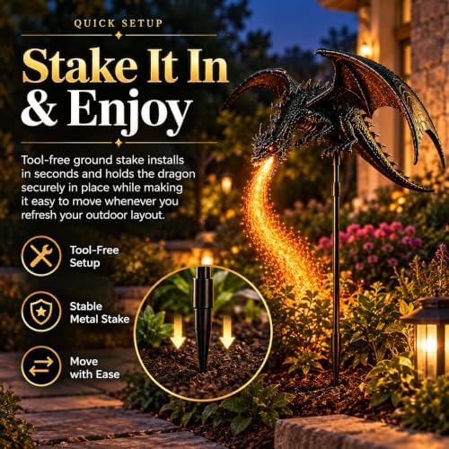2027 New Solar Dragon Fire Garden Light, Dragon Garden Statue Stake with Breathing Fiber Optic Flame, Weatherproof Solar Outdoor Decor for Lawn, Pathway, Flower Bed & Patio - Image 4