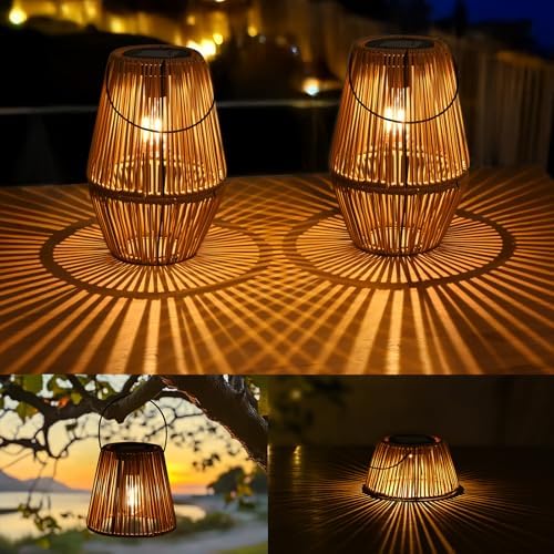 Uspring 2 Pack 3-in-1 Solar Lanterns Outdoor Waterproof Rattan Woven Hanging Solar Lights for Outside with Bright Lamp & LED Bead & 4 Handles, Garden Gifts Decor for Women Mom Patio Yard Porch by Uspring--Sweetlifefromhere