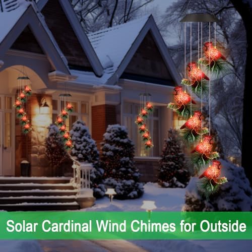 Cardinal Solar Wind Chimes for Outside,Red Bird Danglers Christmas Lights - Image 4