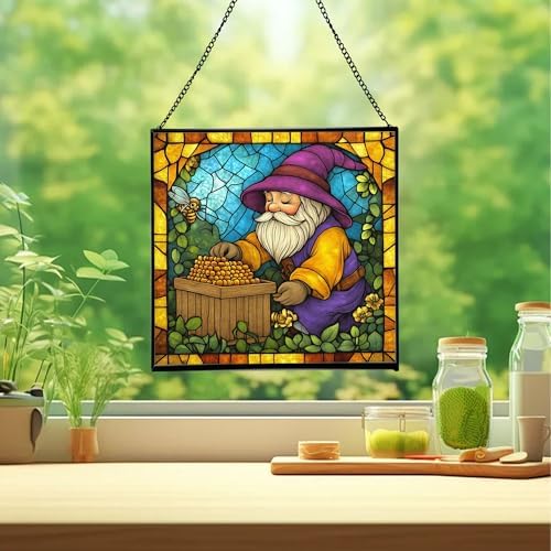 Gnome Beekeeping Stained Glass Suncatcher – Square Hanging Window Panel for Home, Garden, Nursery, Halloween, Christmas, Memorial Day – Whimsical Glass Art Gift for Gnome Lovers b9jpfw - Image 2