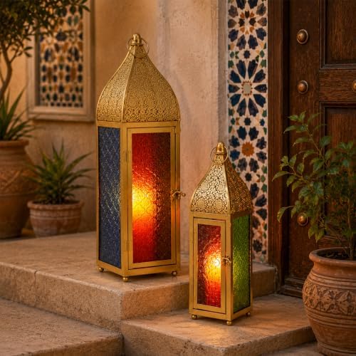 TRIROCKS 2-Pack Moroccan Candle Lanterns 23'' H Metal Vintage Candle Holder with Embossed Colored Tempered Glass Ramadan Lantern for Living Room Garden Yard Patio Parties Events (Gold) - Image 5