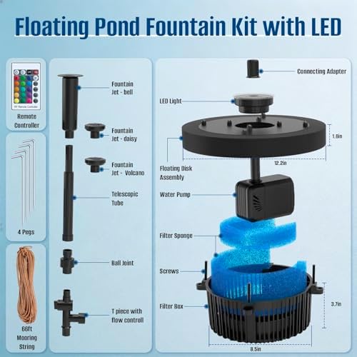 Floating Pond Fountain Pump with Remote RGB LED Lights & Filter Sponge - Image 2