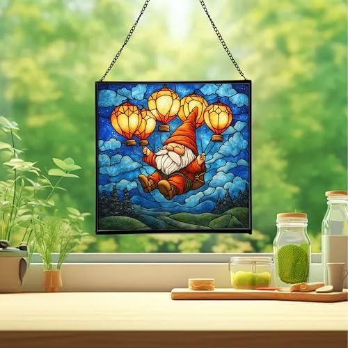 Gnome with Lantern Balloons Stained Glass Suncatcher – Square Hanging Window Panel for Home or Greenhouse – Whimsical Glass Art Gift for Garden Lovers, Christmas, Halloween, Father Days zvm4QW - Image 2