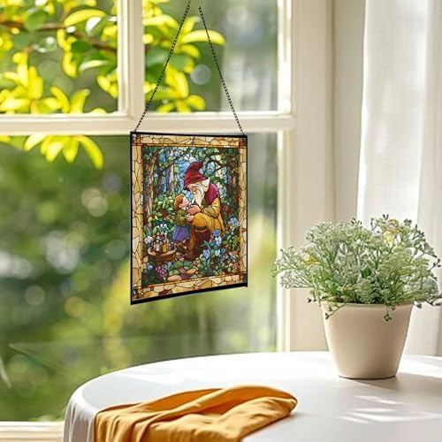 Gnome Mother Tending Her Child Stained Glass Suncatcher – Square Hanging Window Panel for Home, Garden, Nursery, Halloween, Christmas, Memorial Day – Whimsical Glass Art Gift for Gnome Lovers tpjzue - Image 3