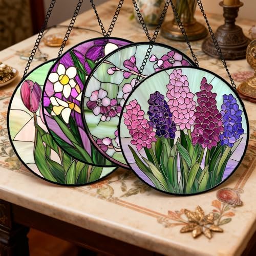 Stained Glass Window Hanging 4 Pcs Set Tulips Plum Flower Daffodils Hyacinths 6.3" - Suncatcher Door Garden Sun Catcher Decor Birthday Mother's Day for Mom Woman Nana - Image 2