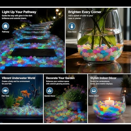 Rainbow Glow in The Dark Pebbles, Luminous Resin Stones for Outdoor Garden Walkway, Aquarium Decor, Fish Tank, Landscape Lighting, Waterproof & Non-Toxic – Long Lasting Glow Up to 5 Hours (1000pcs) - Image 7