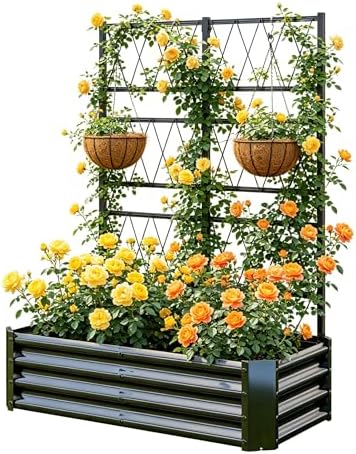 Galvanized Raised Garden Bed with Trellis for Outdoor Climbing Plants Black - Image 2