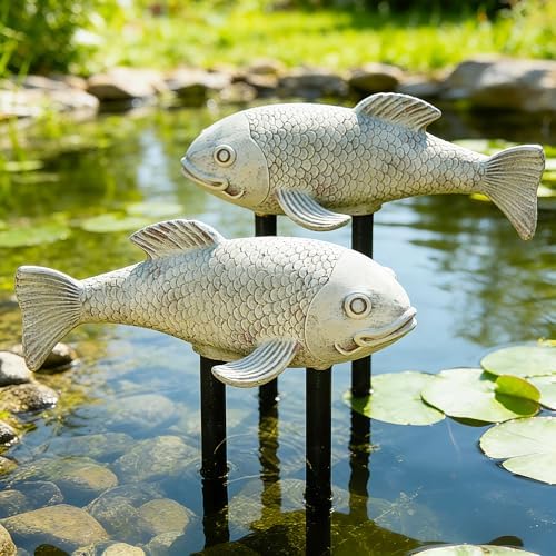 Teaeeno Set of 2 Antique Koi Fish Statue, Outdoor Garden Sculpture for Patio, Backyard, Pond, and Home Decor (White) by Teaeeno