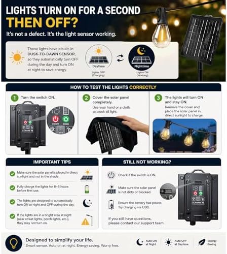 100FT Solar String Lights Outdoor, IP65 Waterproof Shatterproof Dimmable LED Bulbs, Solar & USB Powered, 20+ Hrs Long Lasting, Hanging Lights for Outside Patio, Backyard, Garden, Wedding, Party Decor - Image 2